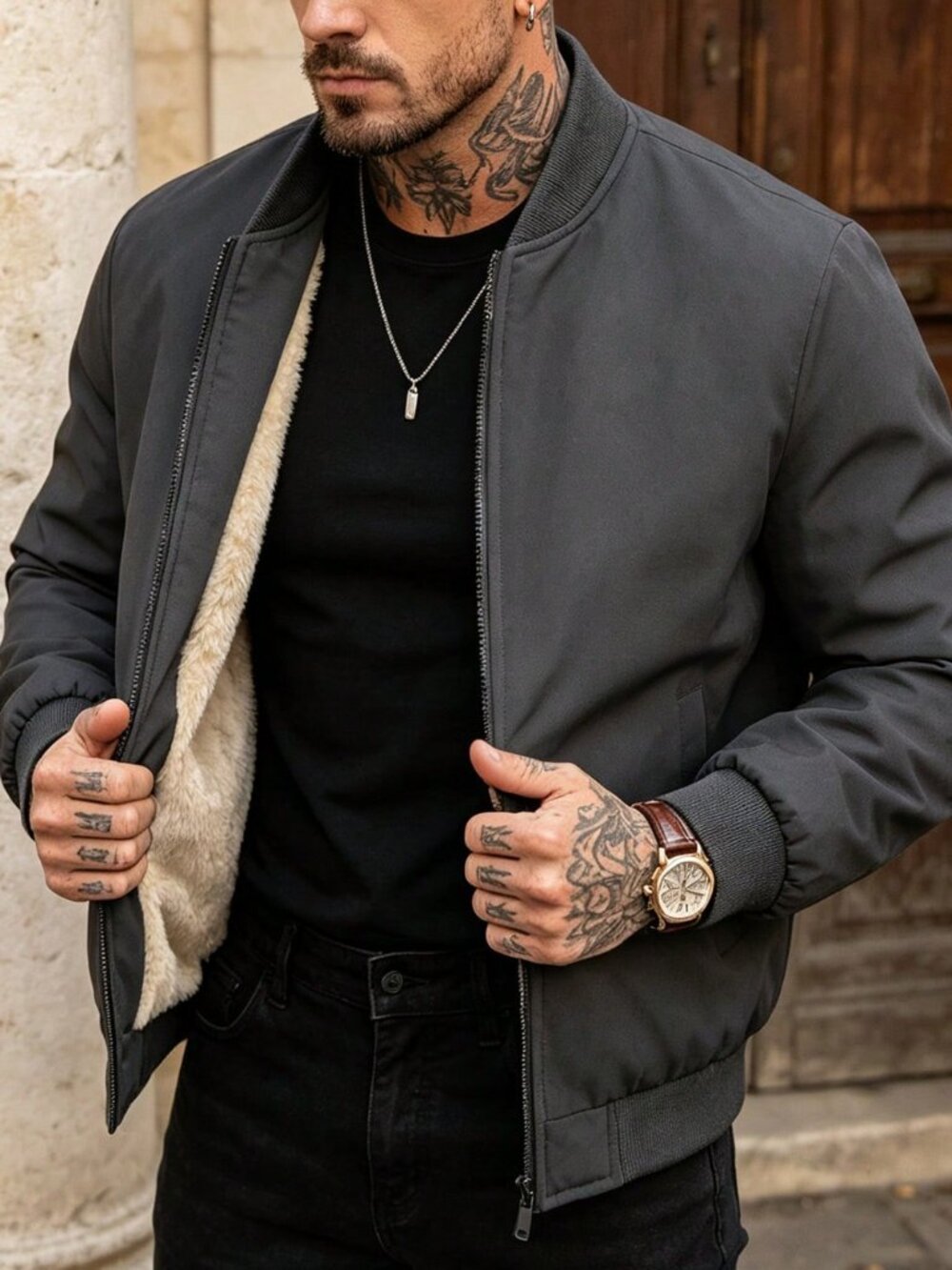 Dark Grey Casual Men's Regular Fit Thermal-Lined Collar Bomber Jacket